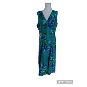 Coldwater Creek Midi To Maxi Dress 14P Linen Blue Floral Sleeveless Hawaiian